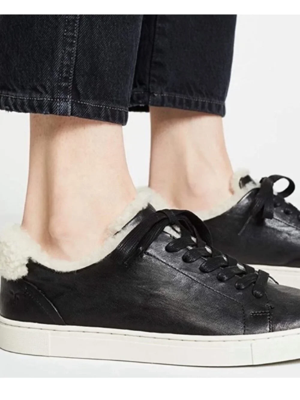 NEW Frye Ivy Black Leather and Shearling Lined Lace Up Sneakers in Women's 9.5